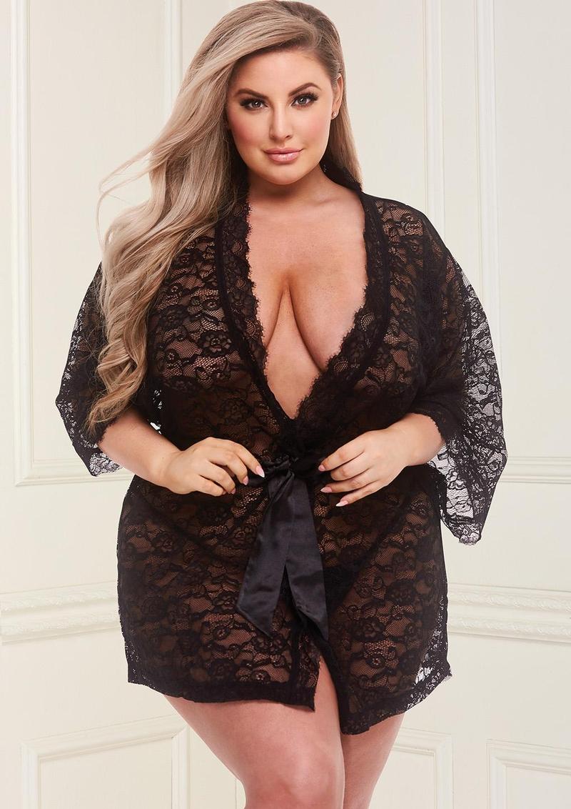 Allover Lace and Satin Robe - Black - Queen