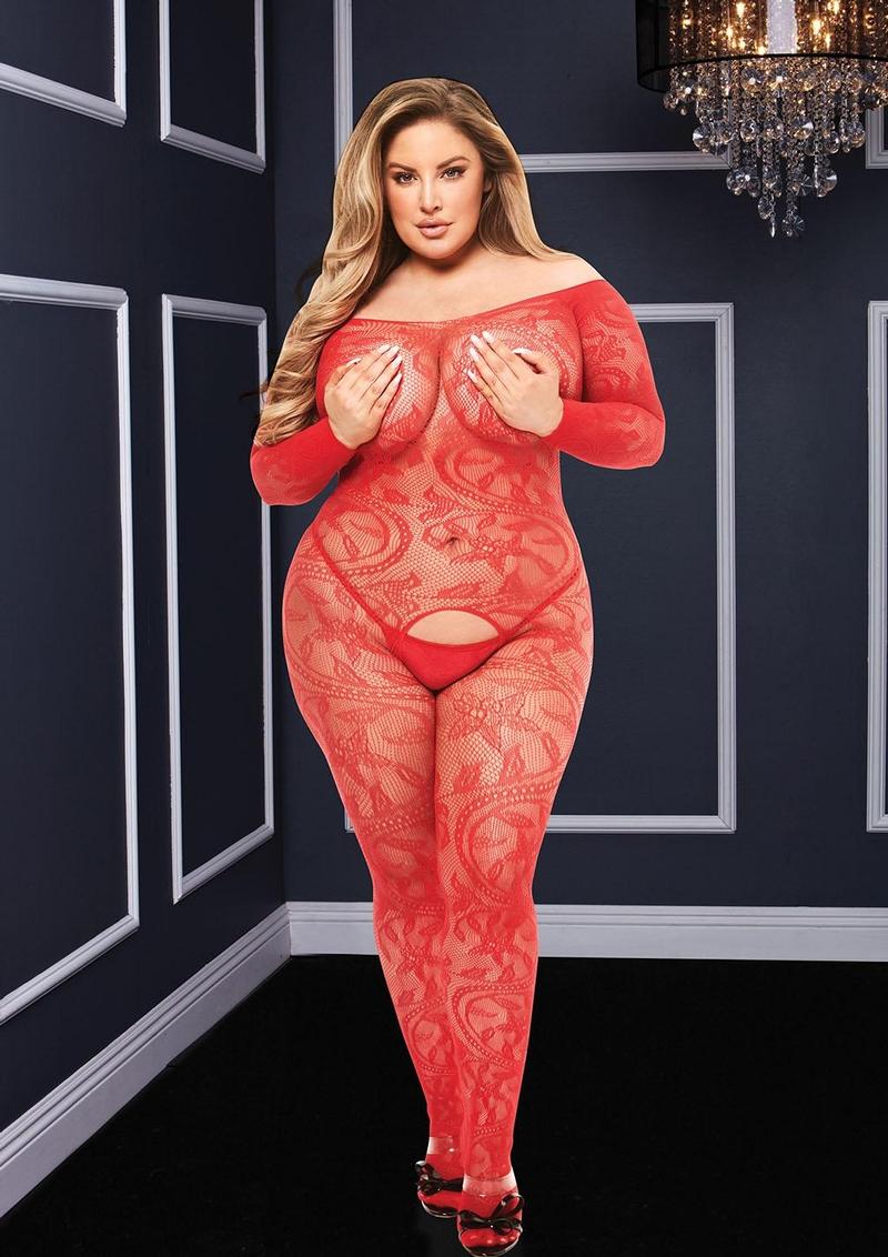 Longsleeve Crotchless Bodystocking - Red - Queen