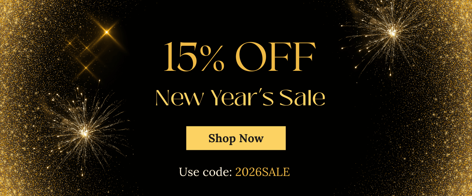 Promotional banner with 15% off New Year's Sale text on a black background with gold accents.