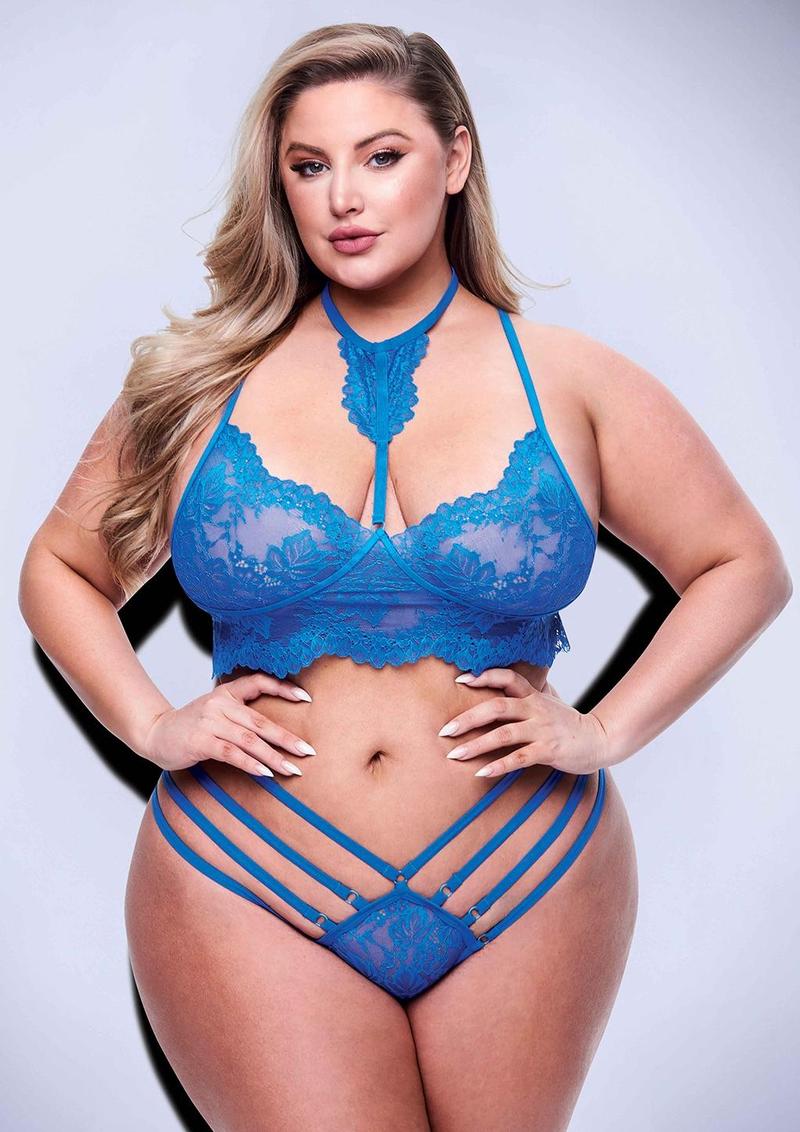 2 Pc Strappy Lace Bra and Panty - Blue - Queen - Set