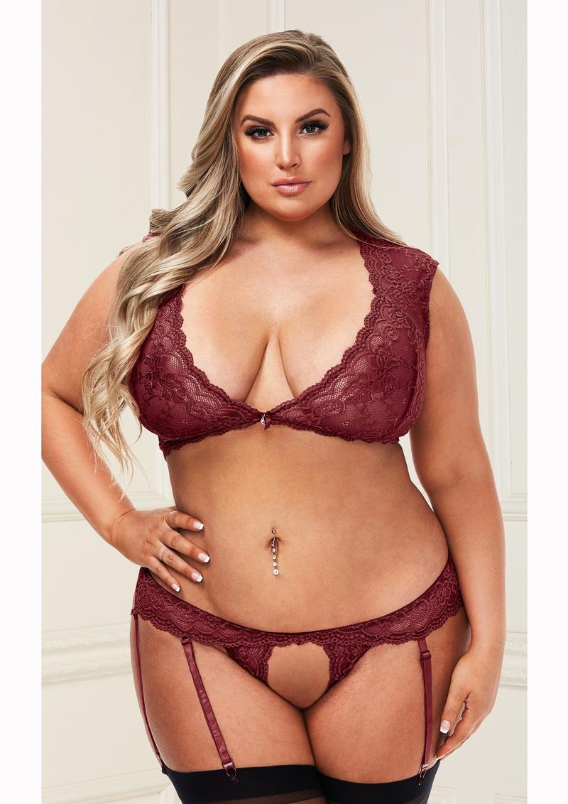 2pc Lace Bra and G-String - Wine - Queen - Set
