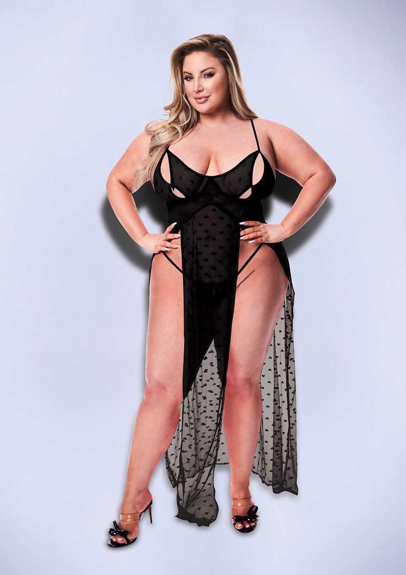 2pc Mesh Gown and G-String - Queen - Black - Set
