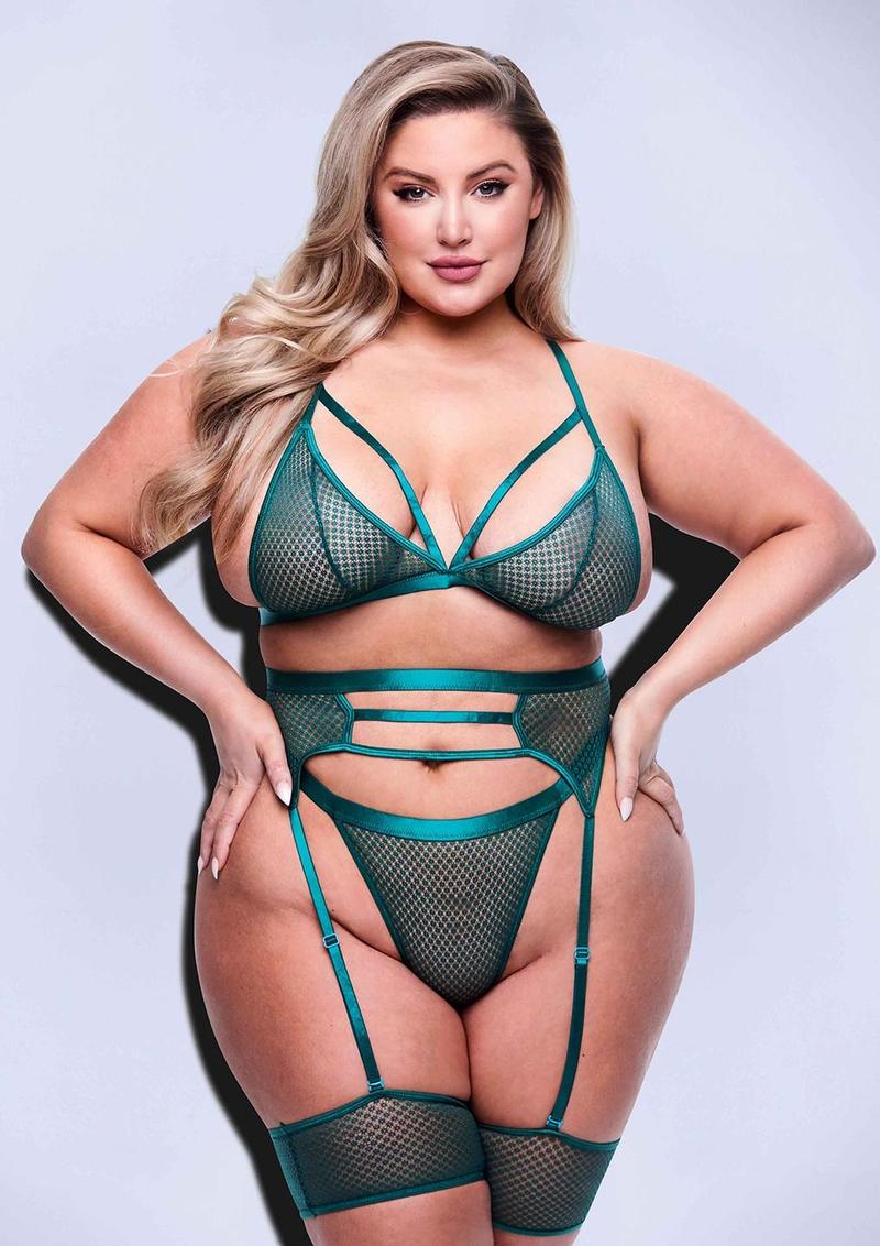3 Pc Strappy Bra, Garter and Panty - Green - Set - Queen