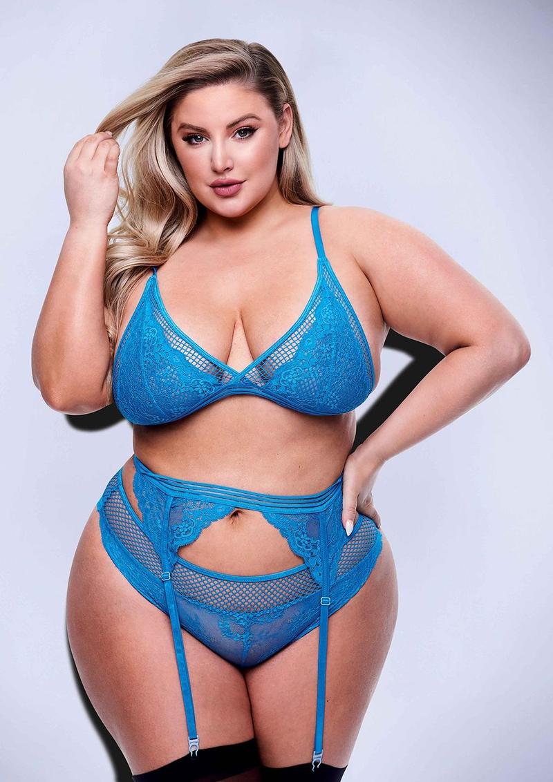 3pc Lace and Mesh Bra Garter Panty - Blue - Queen - Set