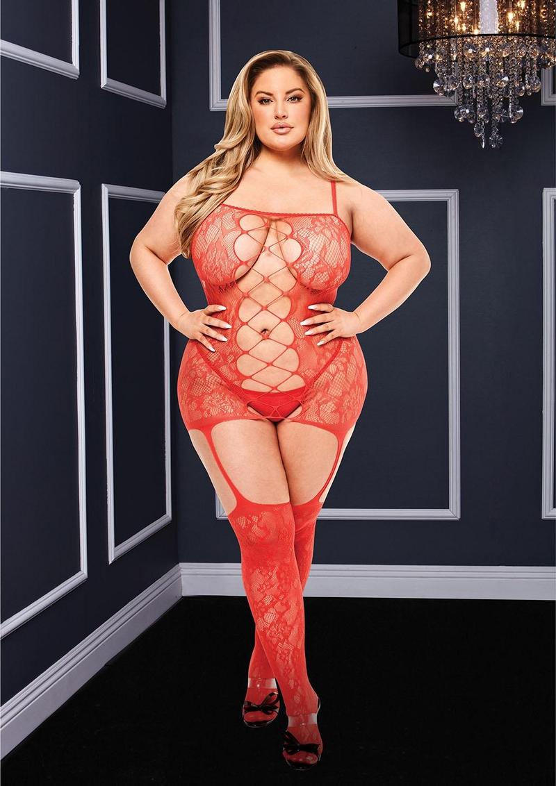 Corset Front Suspender Lace Bodystocking - Red - Queen