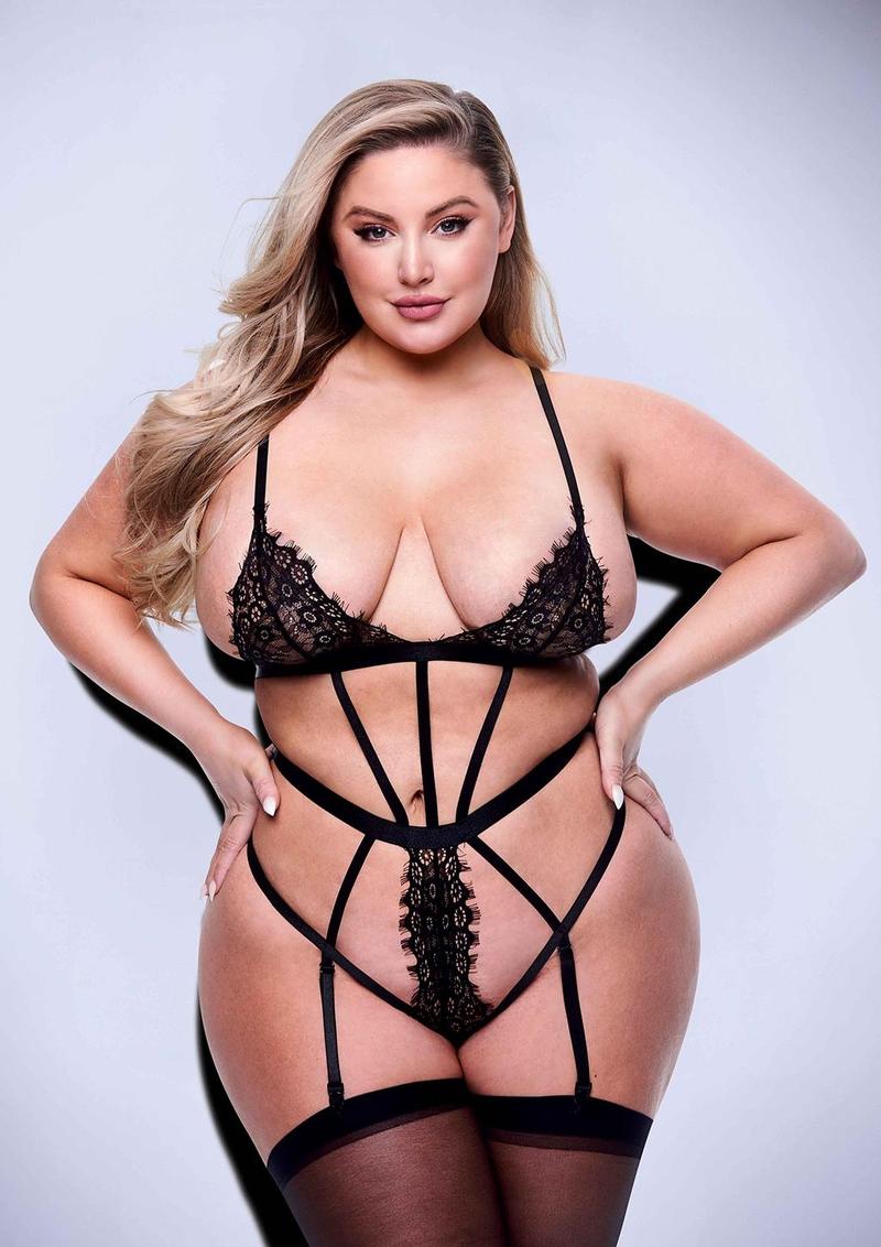 Sexy Strappy Lace Teddy with Garters - Black - Queen
