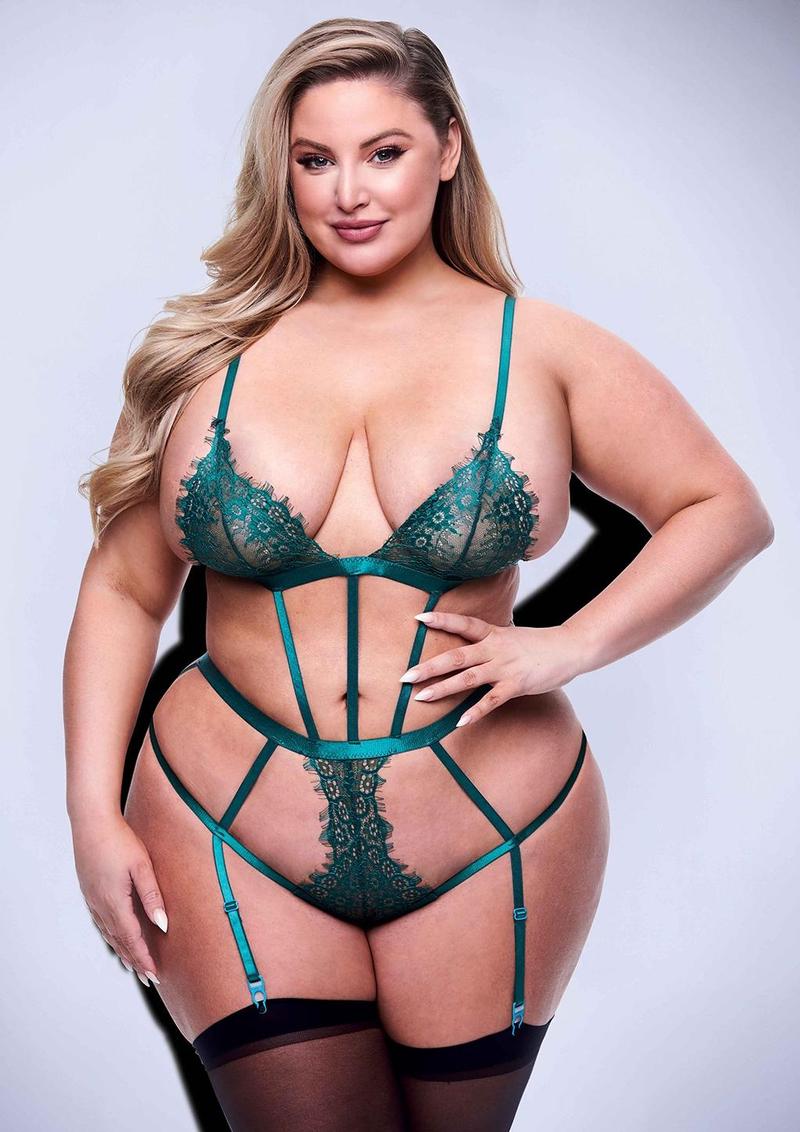 Sexy Strappy Lace Teddy with Garters - Green - Queen