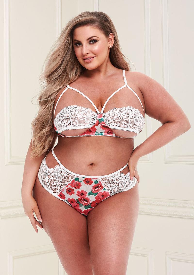 White Floral and Lace Bra - White - Queen - Set